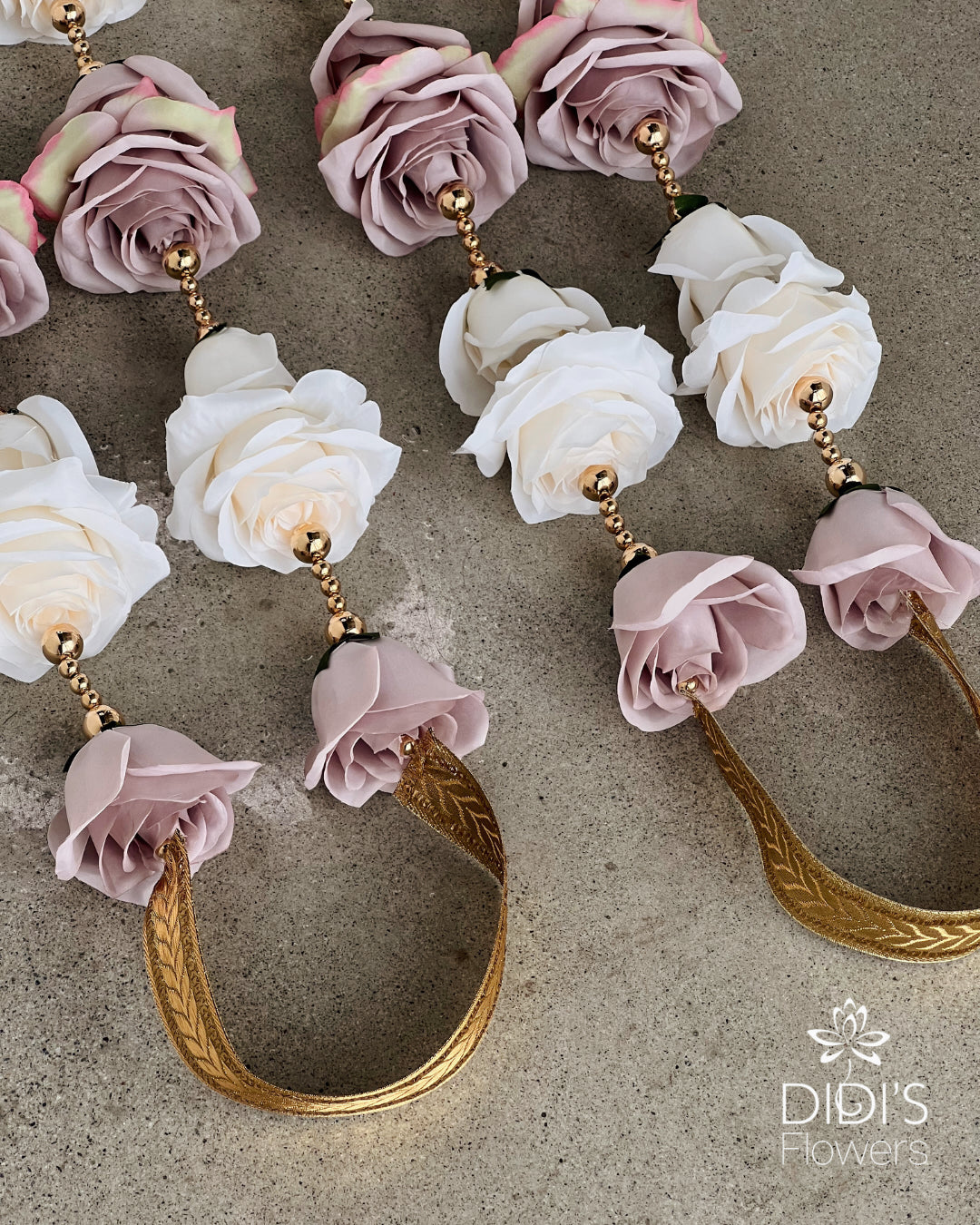 Rose and Carnations with Gold Pearls - Mauve and White