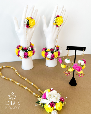 Floral Set - Hot Pink and Yellow Necklace, Earrings & Hand Pieces