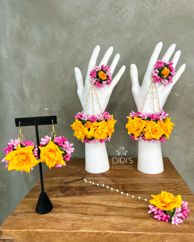 Floral Set - Hot Pink and Yellow Tikka, Earrings & Hand Pieces