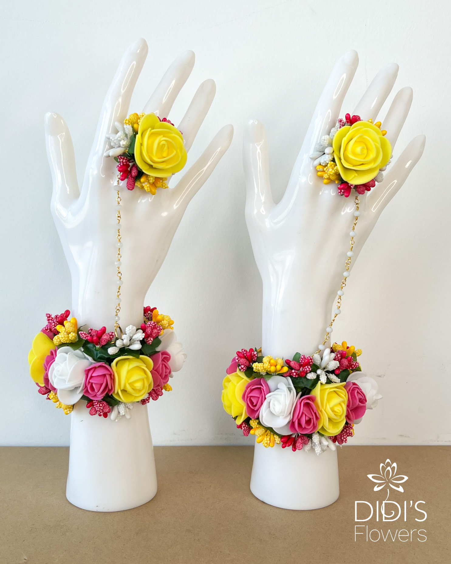 Floral Set - Hot Pink and Yellow Necklace, Earrings & Hand Pieces