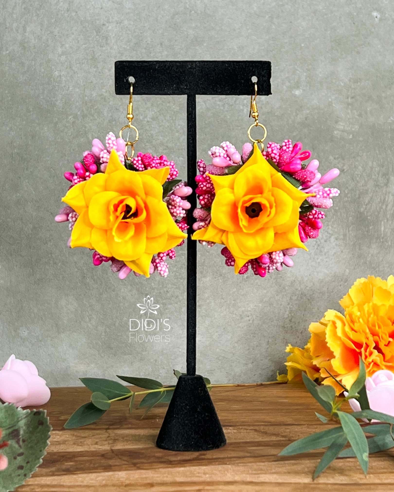 Floral Set Hot Pink and Yellow Tikka Earrings Hand Pieces