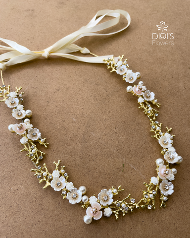 Flower Hairpiece Band - With Pearls and Rhinestones