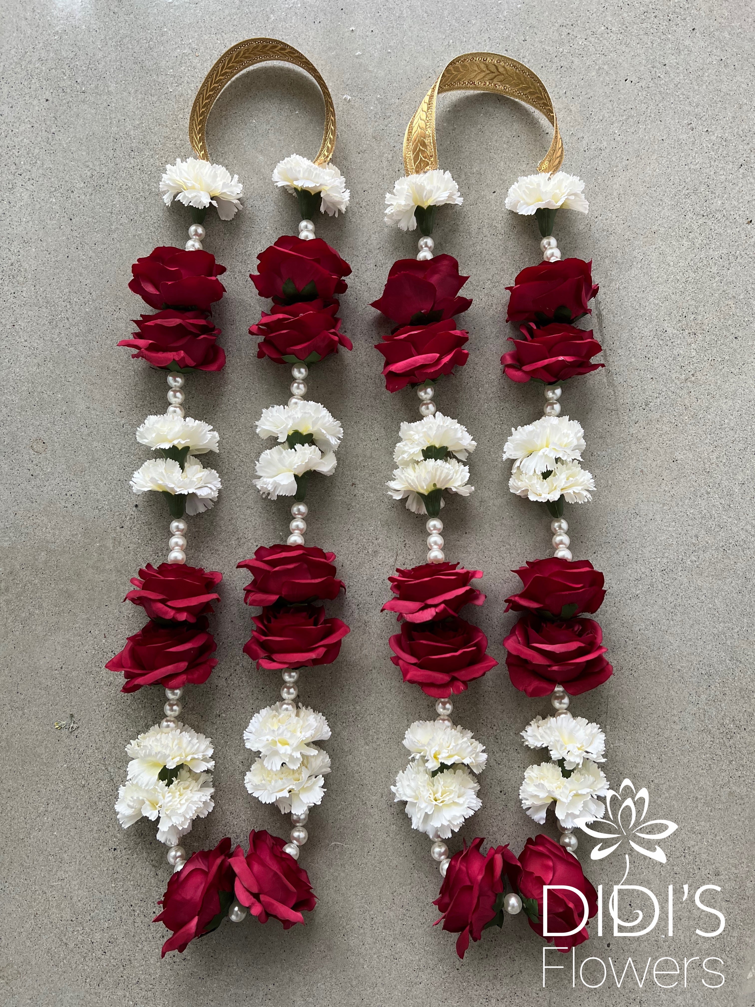 Rose and Carnations with White Pearls - Burgundy and White