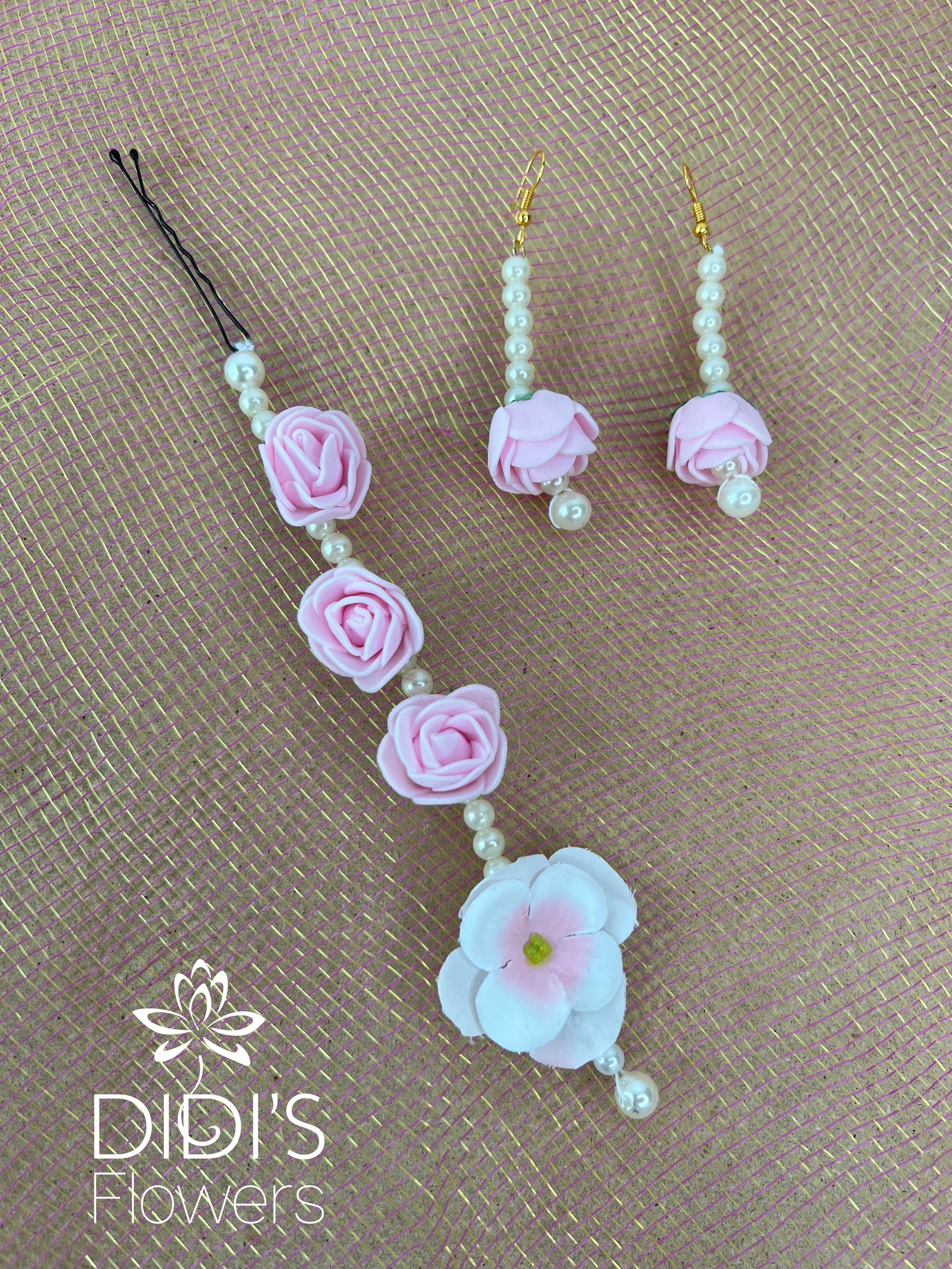 Floral Set - Pink Rose Earrings & Tikka